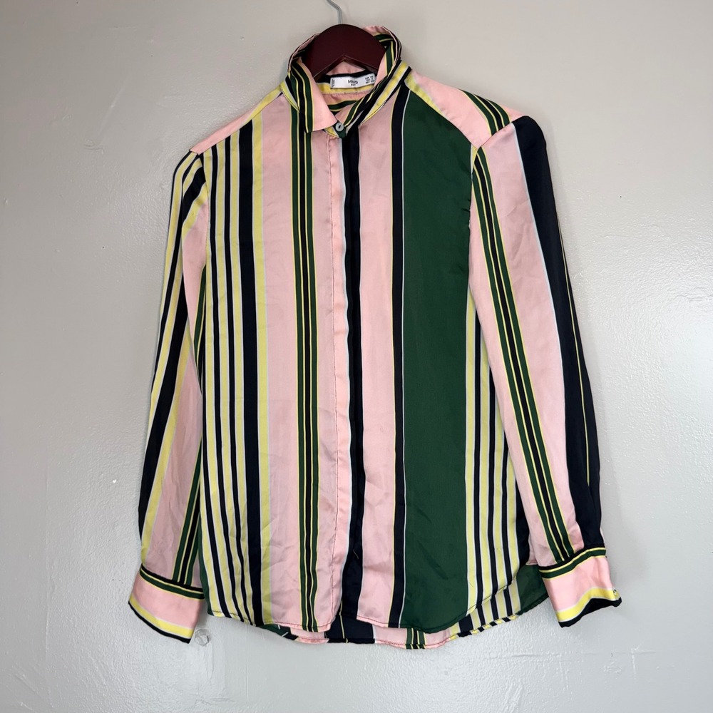 Mango MNG Suit Striped Button Down Blouse Pink Green Yellow Black XS 2